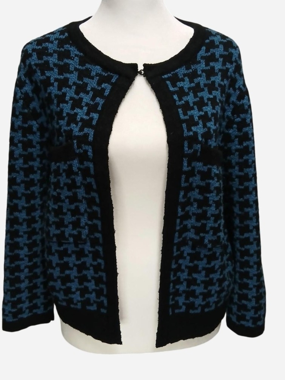 Anne Klein Black and Blue Houndstooth Open Cardigan